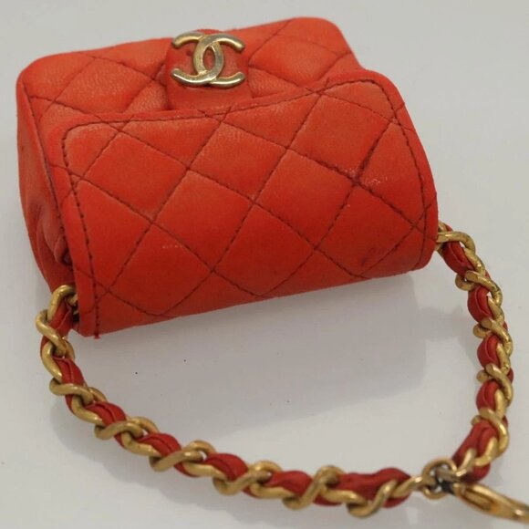 CHANEL Mini Mini Matelasse Charm Lamb Skin Orange CC Auth - Picture 6 of 15